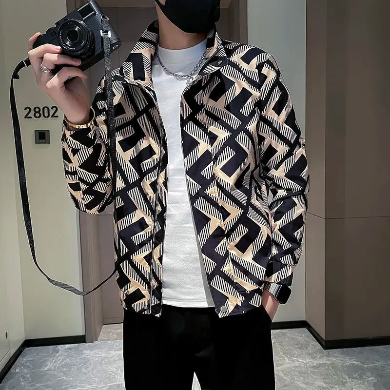 Hehope Spring Autumn New Fashion Stand Collar Long Sleeve Printing Men's Clothing Jackets Casual Loose Korean Temperament Trend Tops