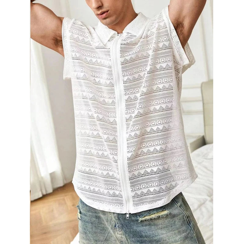 Hehope Men's Mesh Sleeveless Lace Shirt Summer New Fashion Loose Perspective Casual Sexy Zipper Tank Top Men Nightclub Tees Shirt