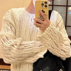 Hehope Men Sweater Micro-Transparent Hollow Knitted Sweater Autumn Casual Campus Outerwear Cardigan Temperament Long-Sleeved Top Unisex