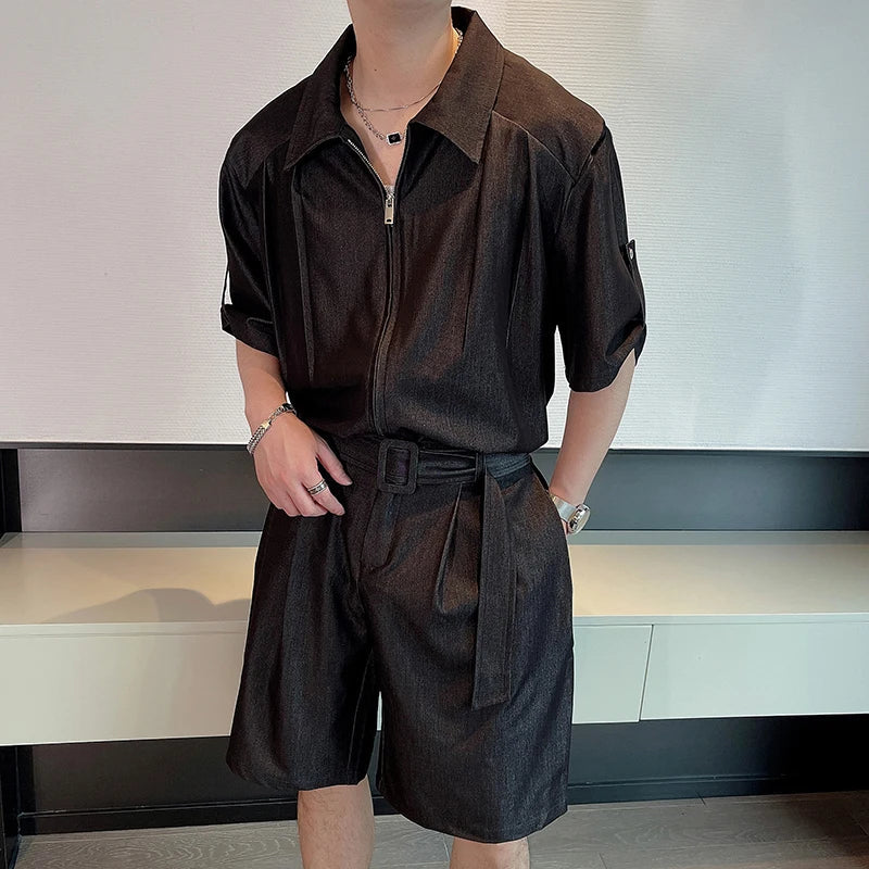 Hehope Summer Fashion Denim Short Sleeved Shirt Set Men's Loose Shorts Two-piece Set Oversized Social Streetwear Harajuku Set