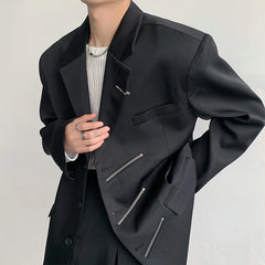 Hehope Oversized Black Blazer Men High-end Fashion Leisure Suit Jackets Multi-zippers Male Streetwear Casual Korean All-match Suit