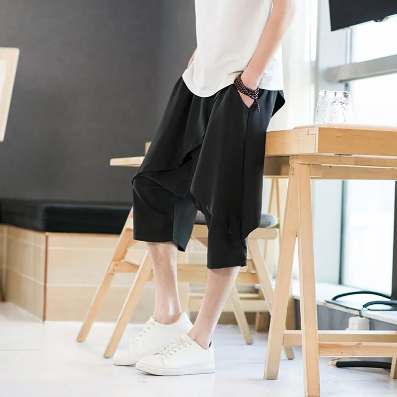 Hehope Summer Mens Baggy Shorts Layered Cross-pant Knee-length Short Pants Black White Thin Streetwear Hip Hop Oversize Casual Shorts