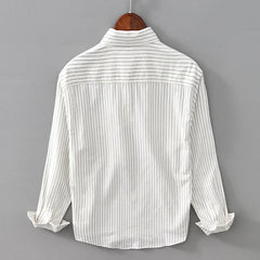 Hehope Fashion Versatile Male Long Sleeve Corduroy Shirt Japanese Retro Patch Pocket Mens Loose Cotton Casual Long Sleeve Striped Shirt