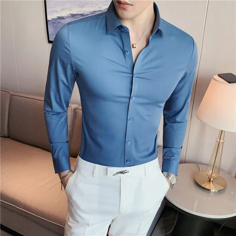 Hehope Stripe Shirts for Men Autumn New British Style Anti Wrinkle Soft Solid Casual Long Sleeved Camisas De Hombre Men Clothing