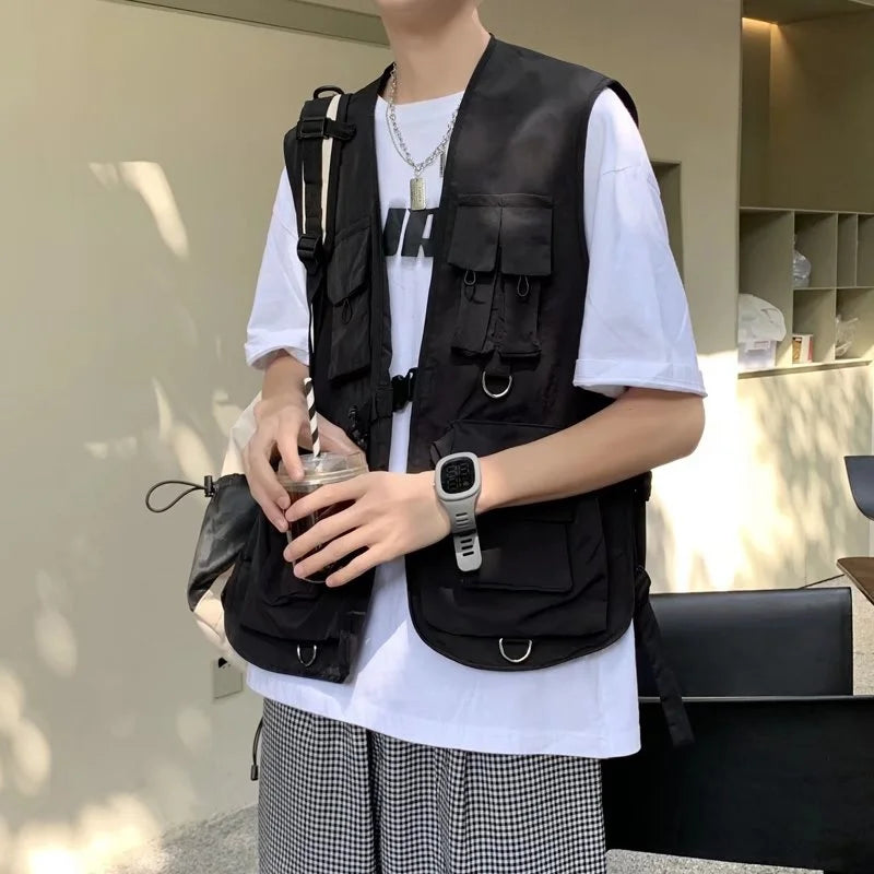 Hehope Black Pink Pocket Vests Men Fashion Retro Casual Cargo Sleeveless Jacket Male Japanese Streetwear Loose Hip Hop Vest