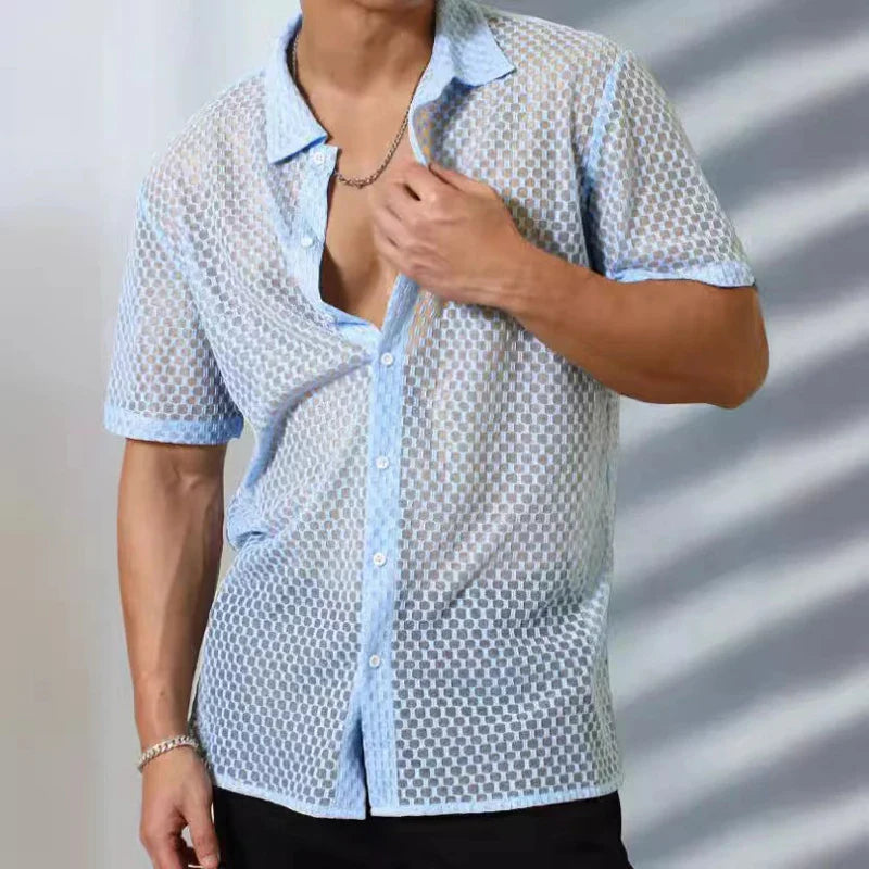 Hehope Summer Men's Short-Sleeve Hollow-Out Lace Shirt Solid Color Geometric Patterns Lapel Perspective Short Sleeve Shirt For Male Top