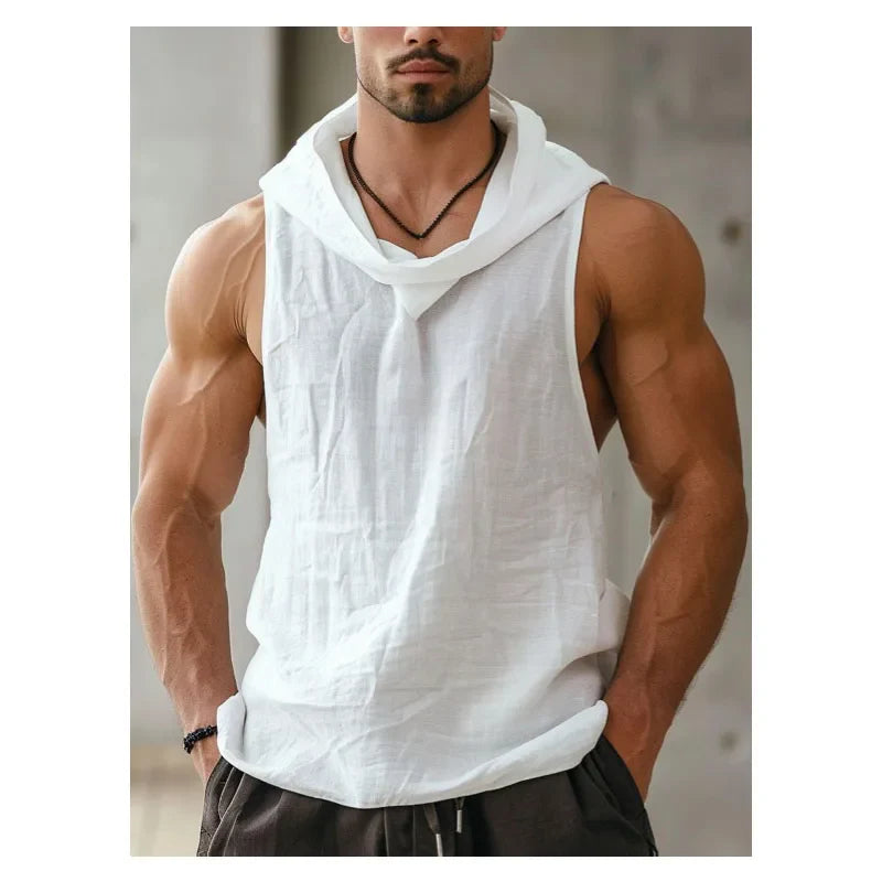 Hehope Summer Cotton and Linen Men's Vest Personalized White Hooded Vest Casual Sweatshirt Basketball Wear Men's Sleeveless Tee Tops