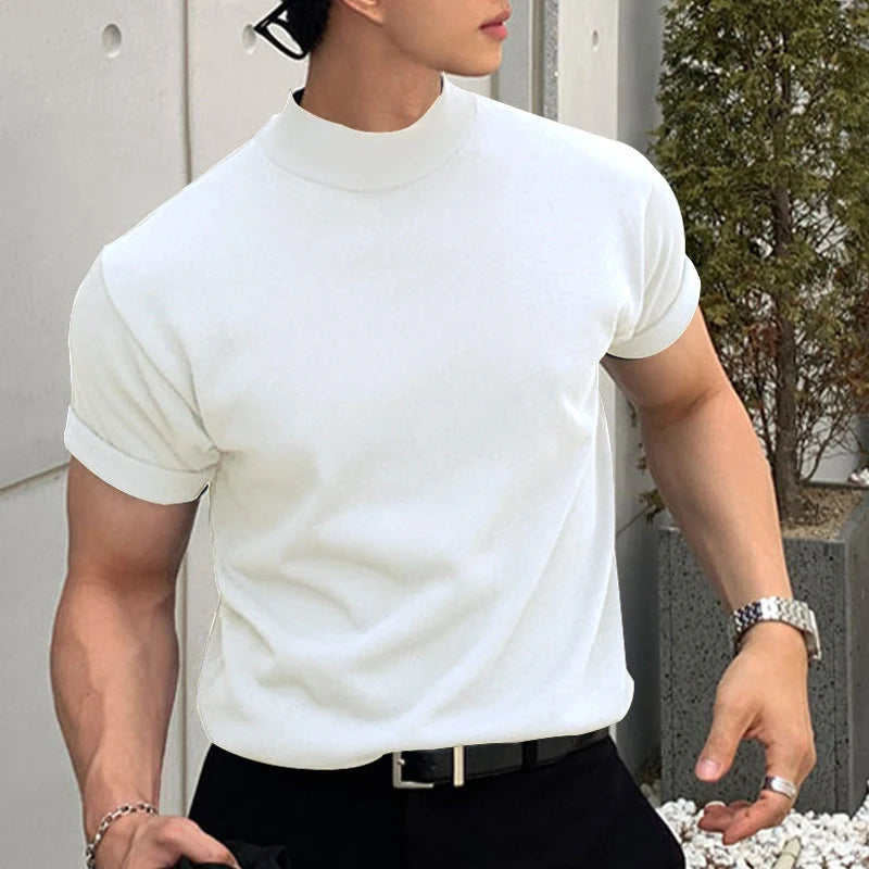 Hehope Pure Color Basic T-shirts Summer New Mens Short Sleeve Turtleneck Fashion T Shirt Men Clothing Streetwear Casual Bottom Tops Tee