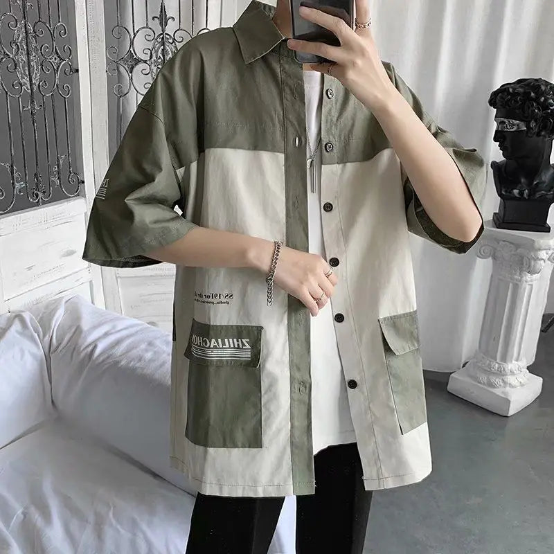 Hehope Elegant Fashion Shirts Loose Solid Patchwork Casual Turn-down Collar Short Sleeve Pockets Spring Summer Thin Men's Clothing