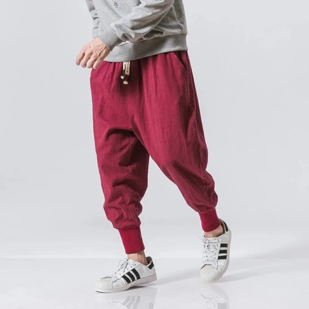 Hehope Cotton Linen Harem Pants Men Streetwear Joggers New Baggy Drop-crotch Pants Casual Trousers Men Sweatpants