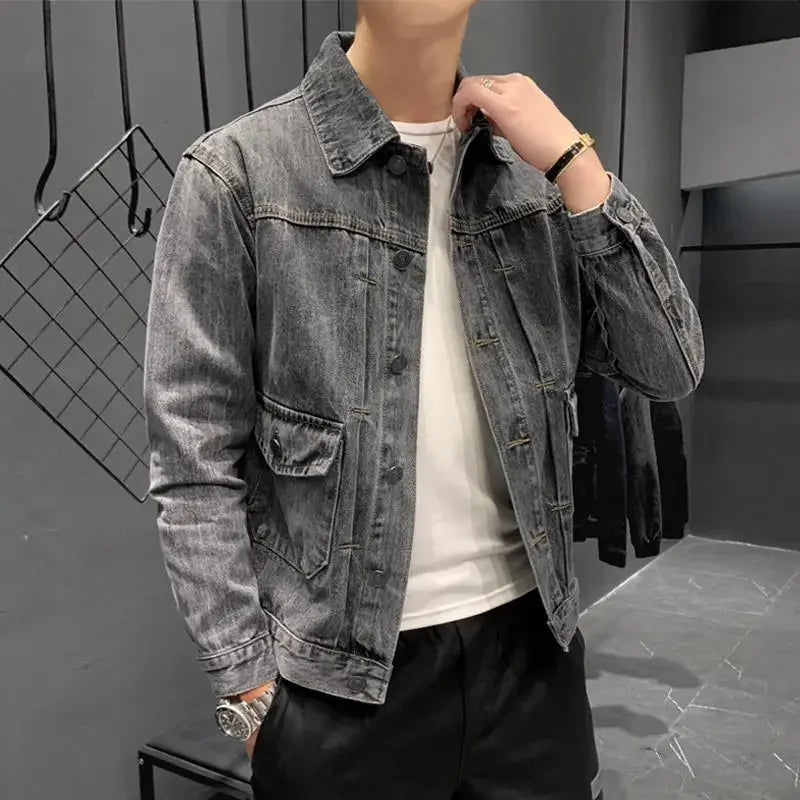 Hehope Male Jean Coats Gray Button Men's Denim Jacket Slim Fit Clothing Original Size L Korean Popular Clothes Winter Outerwear Trendy