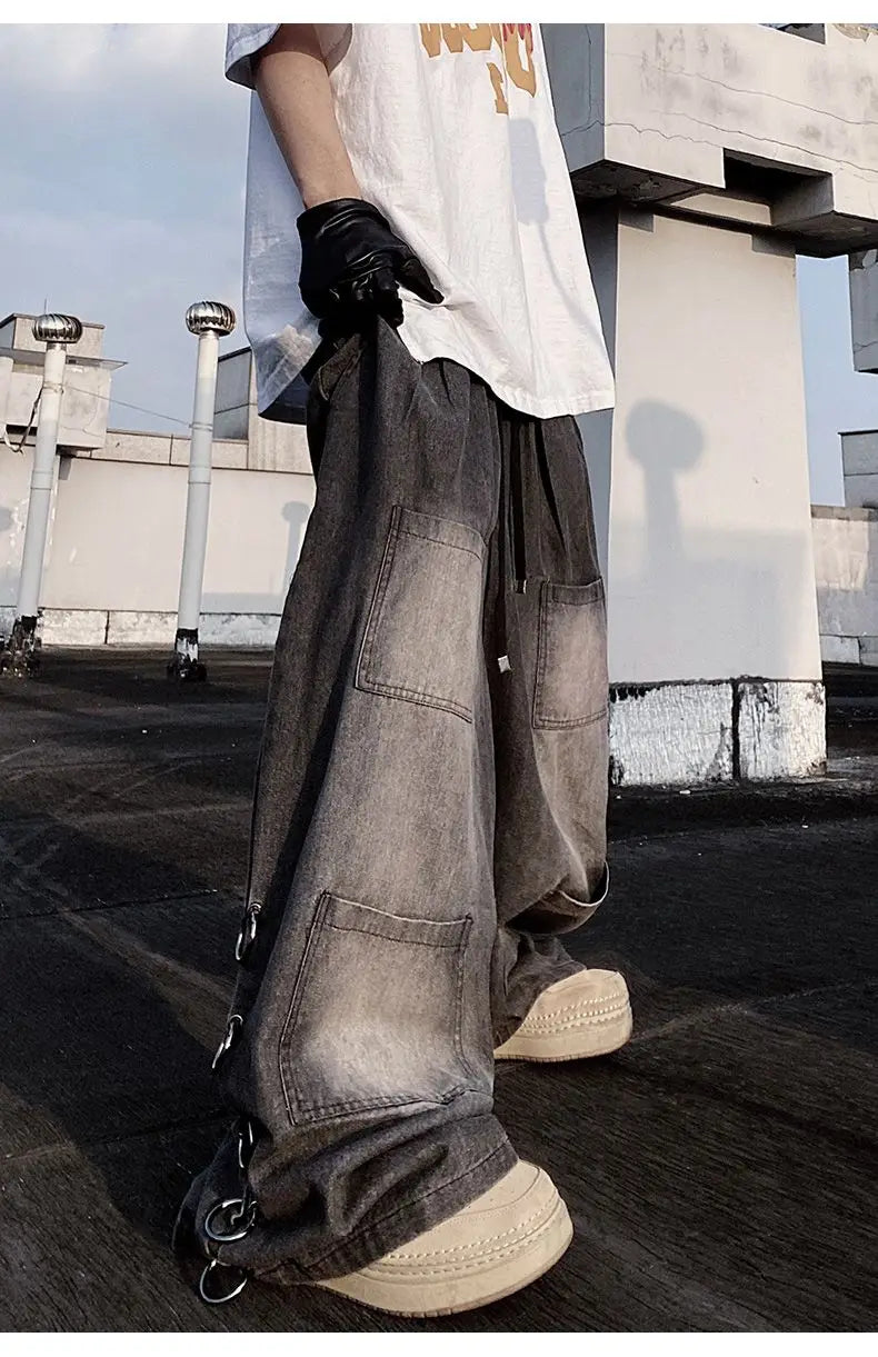 Hehope  American Style Oversized Pocket Retro Baggy Jeans Men Y2k Hip Hop Punk Wide Leg Straight Overalls Black Denim Pants Streetwear