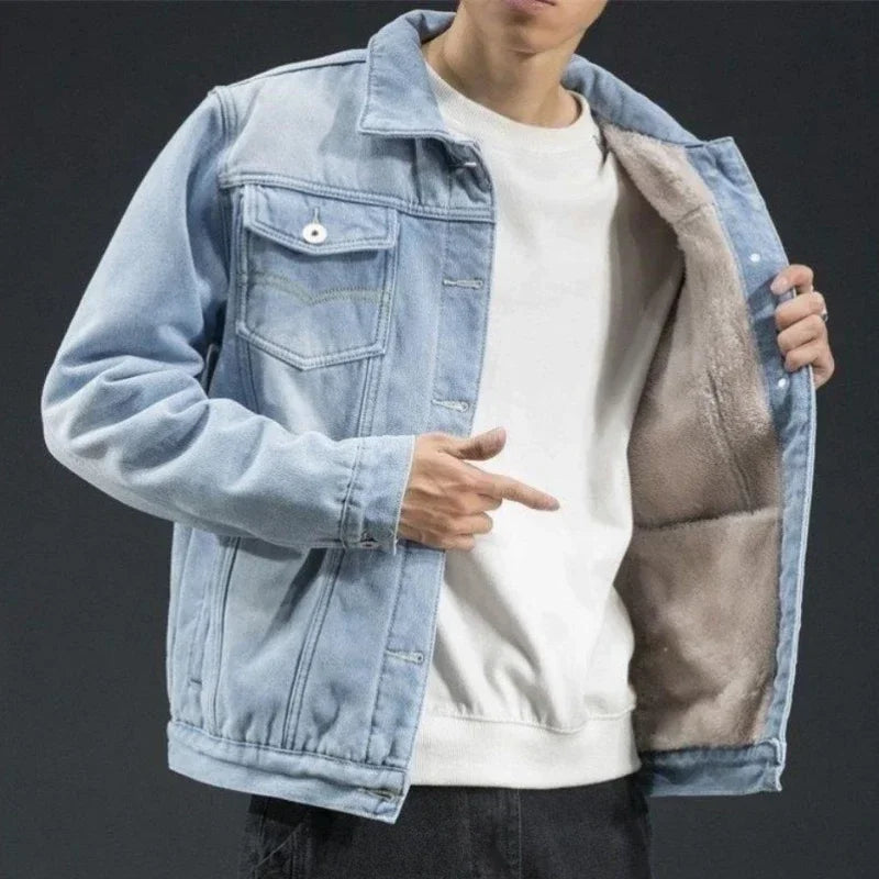 Hehope Men's Denim Jacket Cargo Button Male Jean Coats with Sheep Wool Padded Padding Warm Casual Winter Big Size New in Cowboy L