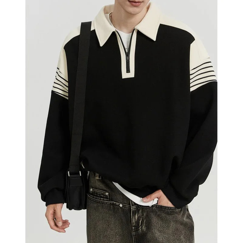 Hehope 2024 New Spring and Autumn Korean Edition Loose Casual Striped Half Zipper Polo Collar Plus Fat Long Sleeve Sweater for Men