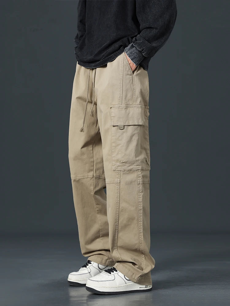 Hehope Spring Summer Baggy Cargo Pants Men Multi-Pockets Drawstring Straight Long Casual Pants Male Cotton Loose Trousers Plus Size 8XL