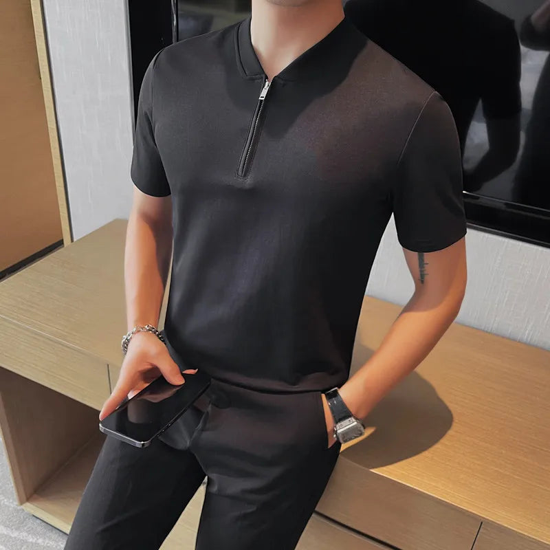 Hehope Korean Zippered Polo Shirt for Men Short Sleeve Casual T-shirts Fashion Business Collarless T-shirt Social Office Tee Tops M-4XL