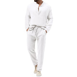 Hehope Leisure Loose Mens Two Piece Sets Casual Long Sleeve Buttoned Stand Collar T Shirt And Pants Suits Men Clothing Vintage Outfits