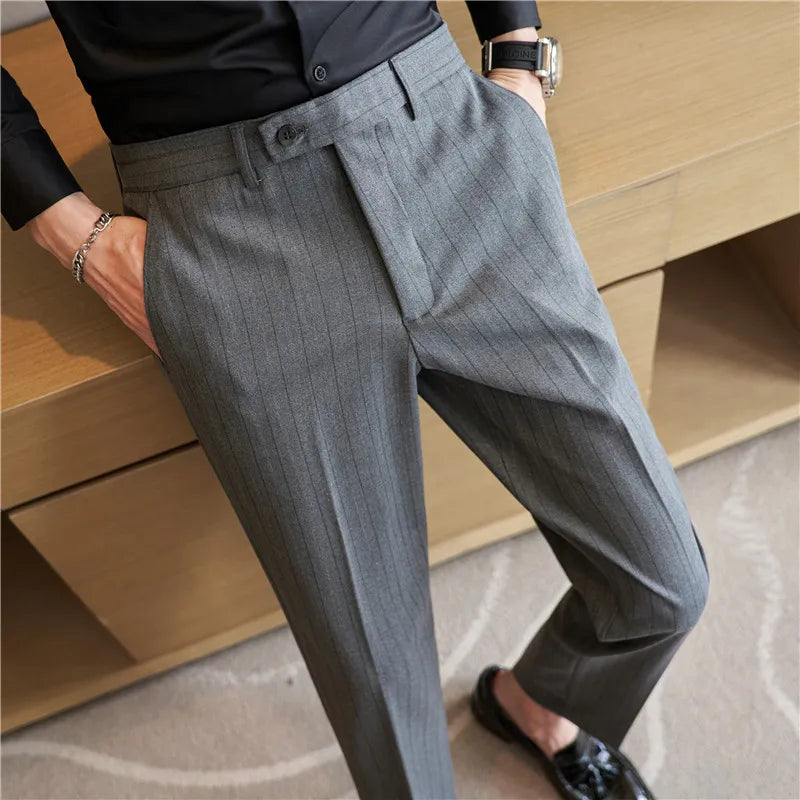 Hehope Men Striped Suit Pants Autumn New Casual Straight Formal Dress Trousers Slim Fit Pantalon Homme Wedding Party Men Clothing