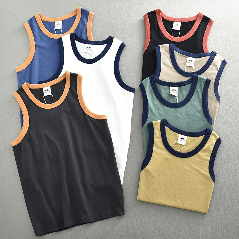 Hehope Summer New American Sleeveless O-neck Solid Color T-shirt Men's Fashion 100% Cotton Washed Casual Sports Fitness Basketball Vest