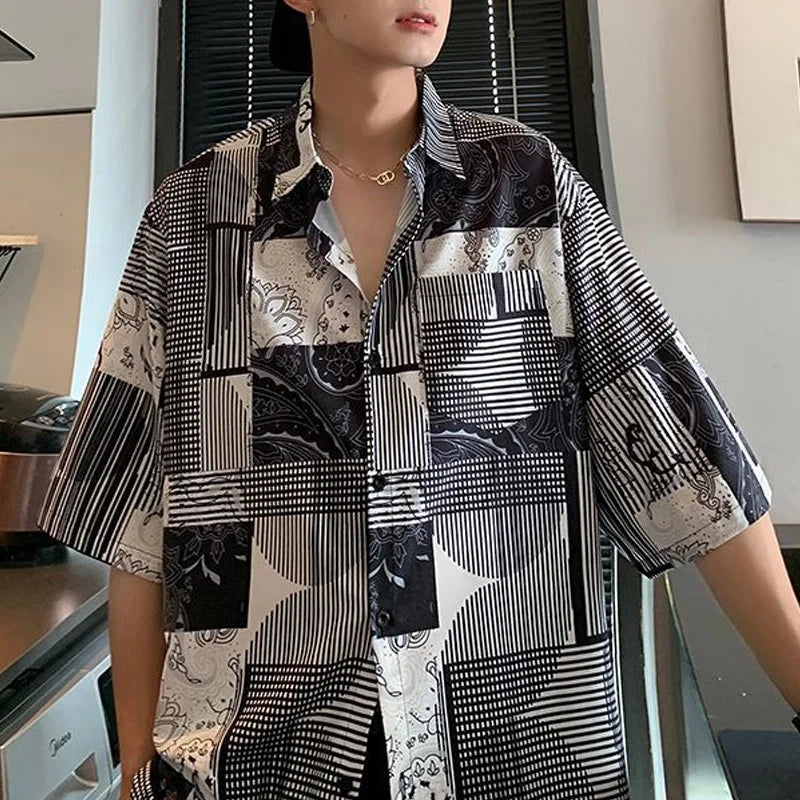 Hehope Summer Retro Artistic Hong Kong Style Casual Loose Oversized Lapel Striped Plaid Print Versatile Short Sleeved Shirt for Men