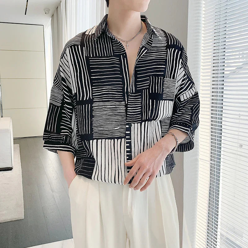 Hehope Summer Short Sleeved Shirt Men Oversized Fashion Social Mens Dress Shirt Korean Loose Casual Shirt Mens Striped Shirts M-2XL