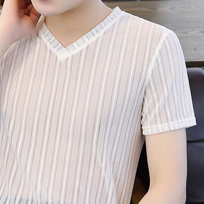 Hehope Korean Ice Silk Fabric Men's Clothing Summer Ventilate Hollow Tops Man Casual V-neck Solid Color T-shirt