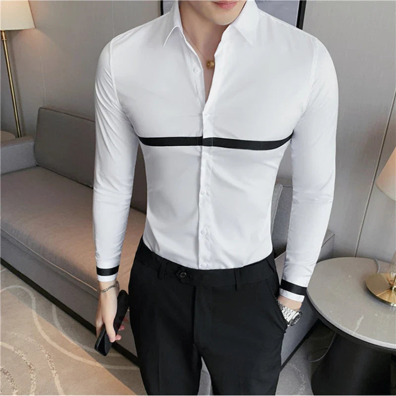 Hehope Autumn Long Sleeve Shirts Slim Fit Casual Business Formal Dress Shirts Ribbon Decoration Social Party Office Shirts Men Clothing