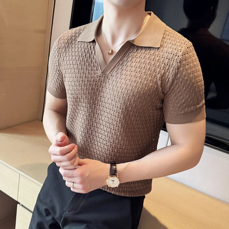 Hehope Hollow Knit Short Sleeved T-shirt V-neck Polo Shirt Men Summer Sexy Casual Lapel Tshirts Social Streetwear POLO Tee Tops 2024