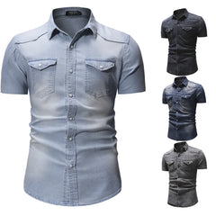 Hehope Summer New Simple Men Denim Shirt Casual Business Mens Short Sleeve Shirts Fashion Polo Collar Male Tops