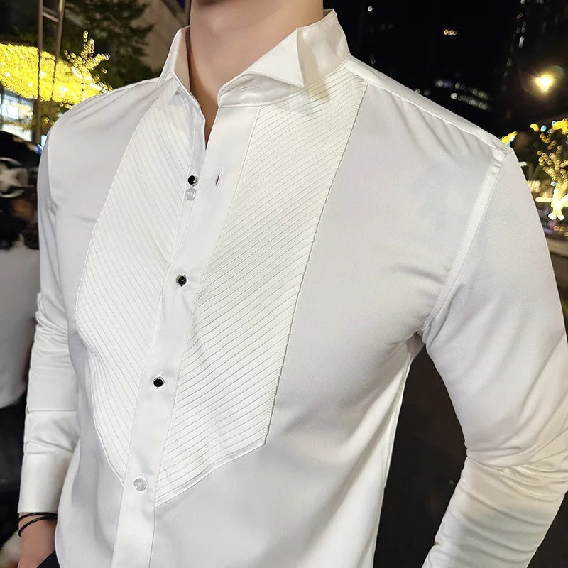 Hehope Men Dress Shirt Long Sleeve French Wing Collar 2024 Autumn Solid Color Casual White Black Shirt Fashion Social Banquet Tuxedo