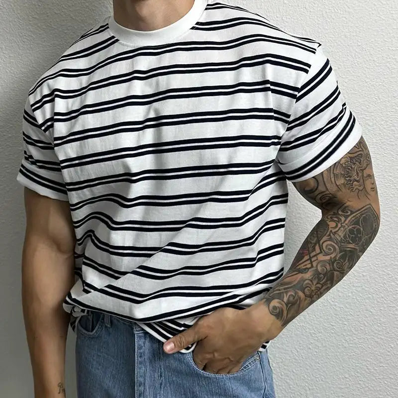 Hehope Summer New Korean Cotton Contrast Stripe Round Neck Loose Casual T-shirt Men's Breathable Commuter Versatile Short Sleeved Top