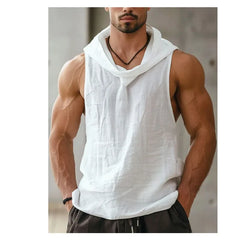 Hehope Men's Sleeveless Tee Tops Basketball Vest Summer Cotton and Linen Men's Vest Personalized White Hooded Vest Casual Sweatshirt