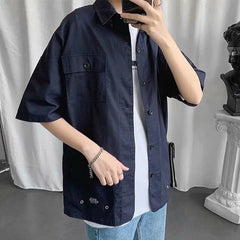 Hehope Elegant Fashion Shirts Loose Solid Patchwork Casual Turn-down Collar Short Sleeve Pockets Spring Summer Thin Men's Clothing