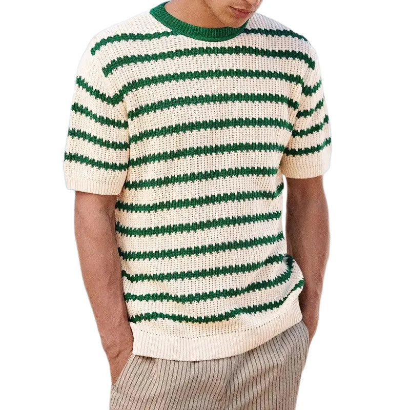 Hehope Summer Short Sleeve Sweater T Shirts Men Vintage Jacquard Striped Knitted Tops Mens Casual O Neck Jumper Tee Male Fashion Tops