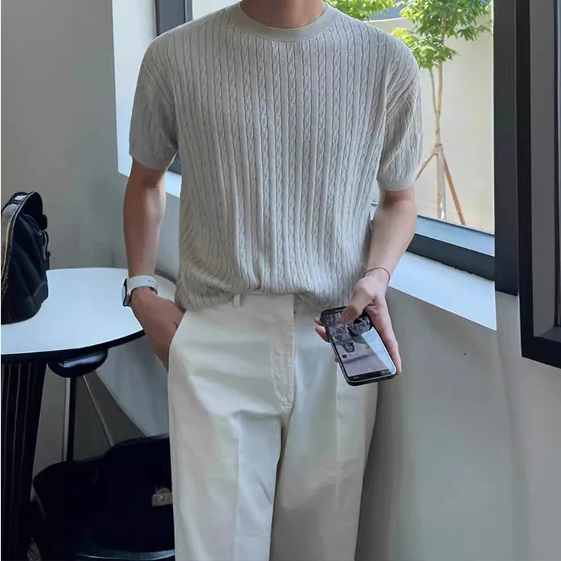 Hehope New Spring Twist Knitted Tees For Man 2024 Slim Business Shirts Fashion Short Sleeve O-Neck Shirts Men Clothing Solid Knit Tops