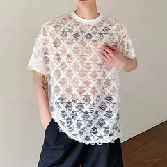 Hehope Summer Men's O Neck T-shirt Loose Short Sleeve Sexy Sheer Lace Tee Shirts New Fashion 2024 New Trendy Menwear Unisex Pullover