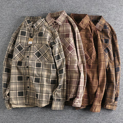 Hehope Autumn American Retro Long Sleeve Plaid Casual  Shirt Men's Fashion 100% Cotton Washed Slim Blouses Thin Coat