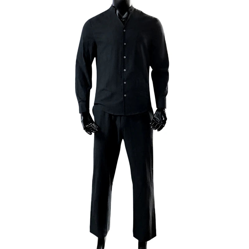 Hehope Cotton Linen Men's Sets Spring Summer Casual Long Sleeve Buttoned Stand Collar Shirt And Trousers Two Piece Suits Men Streetwear