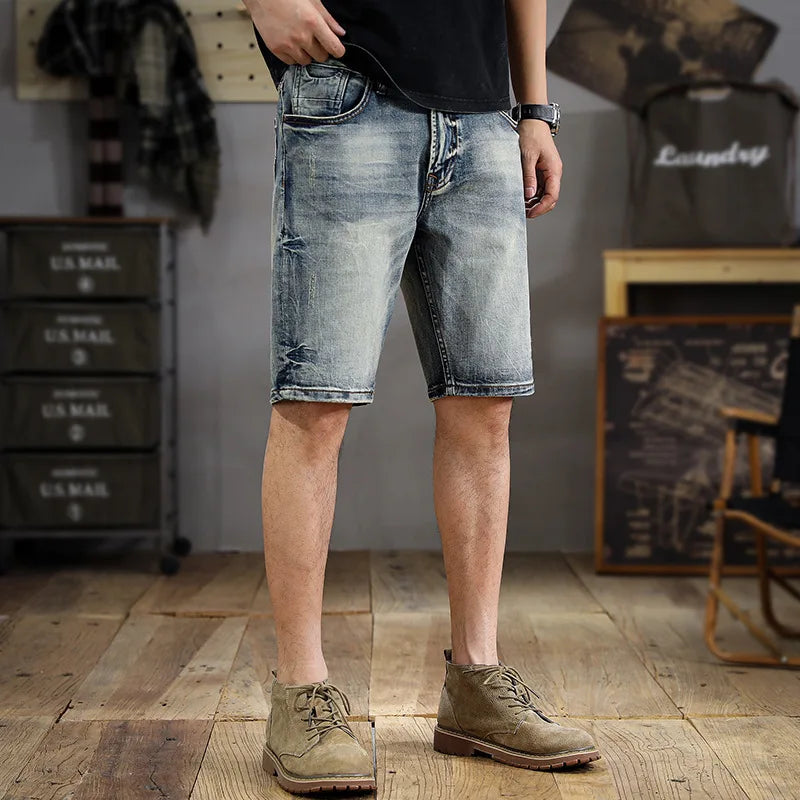 Hehope 2024 new high-end retro washed men's jeans shorts summer new fashion casual street fashion all-match slim straight pants