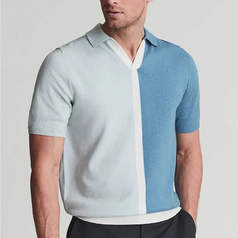 Hehope Leisure Short Sleeve Knitted Polo Shirt For Men Summer Casual Contrast Color Patchwork Slim Mens Polos Fashion Button Lapel Tops