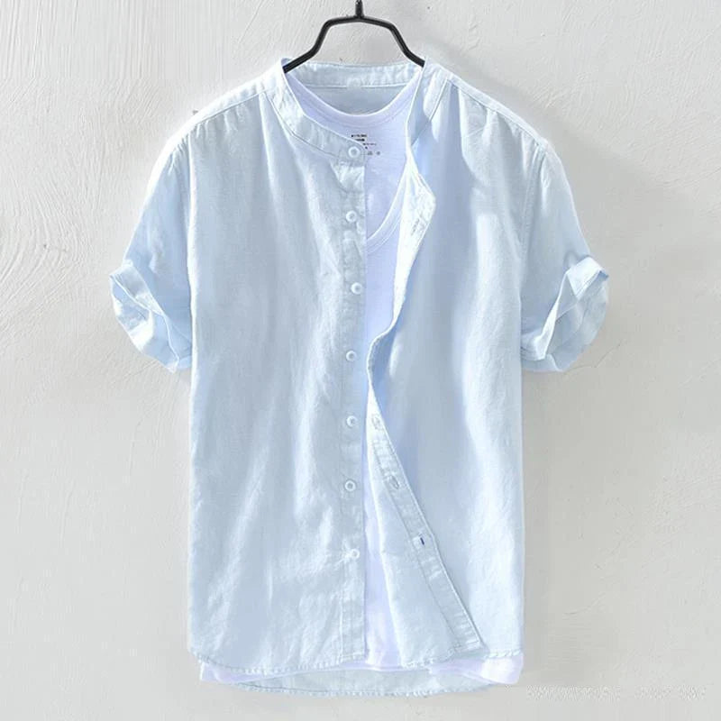 Hehope Men Retro Simple Casual Stand Collar Cotton Linen Button Shirts Summer Japanese Style Solid Short Sleeve Tops Camisas De Hombre