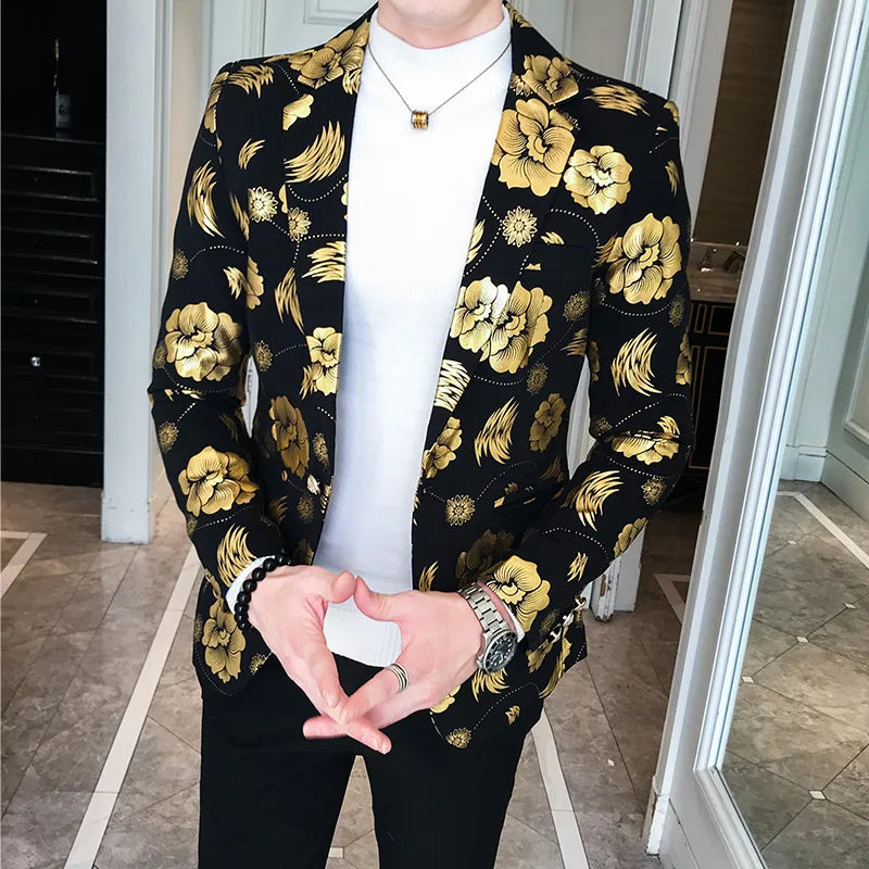 Hehope Men Golden Flower Print Blazers Autumn Formal Dress Tuxedo Casual Slim Fit Suit Jacket / High Quality Fashion Men Clothing