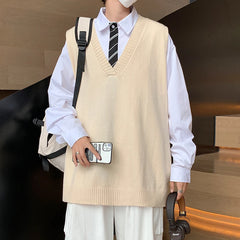 Hehope Sweater Vest Men V-neck Solid Leisure Loose All-match Streetwear Sleeveless Sweaters Mens Knitted Korean Style Waistcoat B239