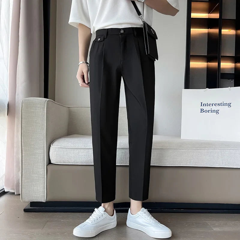 Hehope Summer Solid Color Suit Pants Men Slim Fashion Social Mens Dress Pants Korean Straight Casual Pants Mens Office Formal Pants