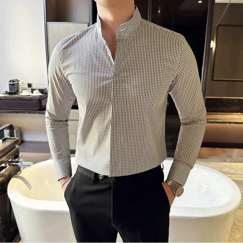 Hehope Camisas De Hombre Stand Collar Luxury Shirts For Men Clothing High Quality Camisa Masculina Slim Fit Mens Dress Shirts Formal