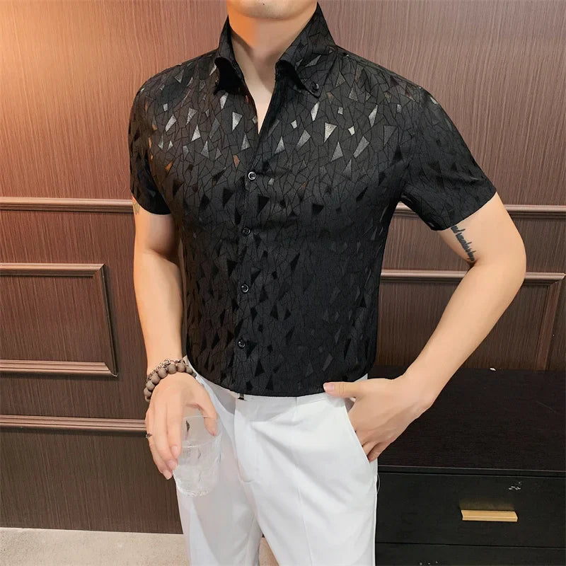 Hehope Summer Printed Shirt for Men Short Sleeved Casual Business Dress Shirts Big Lapel Social Party Tuxedo Blouse Male Clothing M-4XL