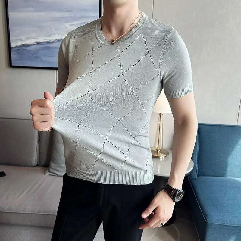 Hehope Summer Ice Silk Breathable Short Sleeve Knitted T Shirts Men Round Collar Slim Fit Casual Elastic Tee Shirt Homme 3XL-M