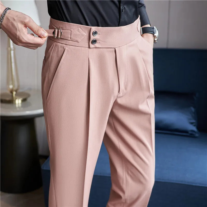 Hehope Men High Waist Casual Dress Pant 2023 Autumn New British Style Pink Trousers Formal Office Social Wedding Party Dress Suit Pants