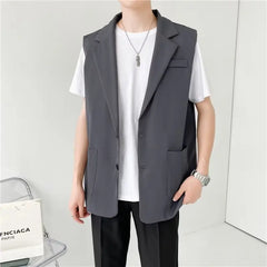 Hehope Grey Black Suit Vest Men Fashion Social Mens Dress Vest Korean Loose Sleeveless Blazer Mens Jacket Office Formal Vest M-2XL