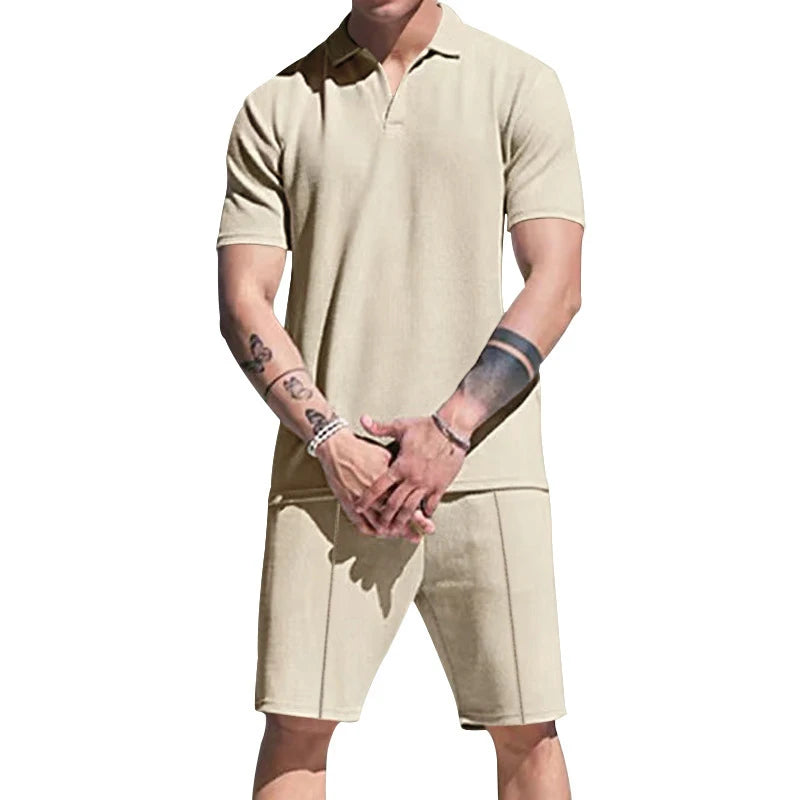 Hehope 2024 Summer Mens Two Piece Sets Casual Solid Color Loose Short Sleeve Turn-down Collar Tops And Shorts Suits Men Leisure Outfits